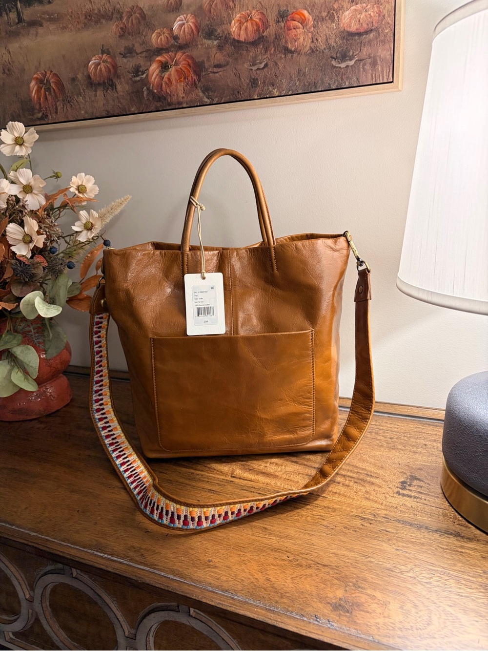 Leather Tote Bag in Truffle Brown with Removable Patterned Strap by Hobo